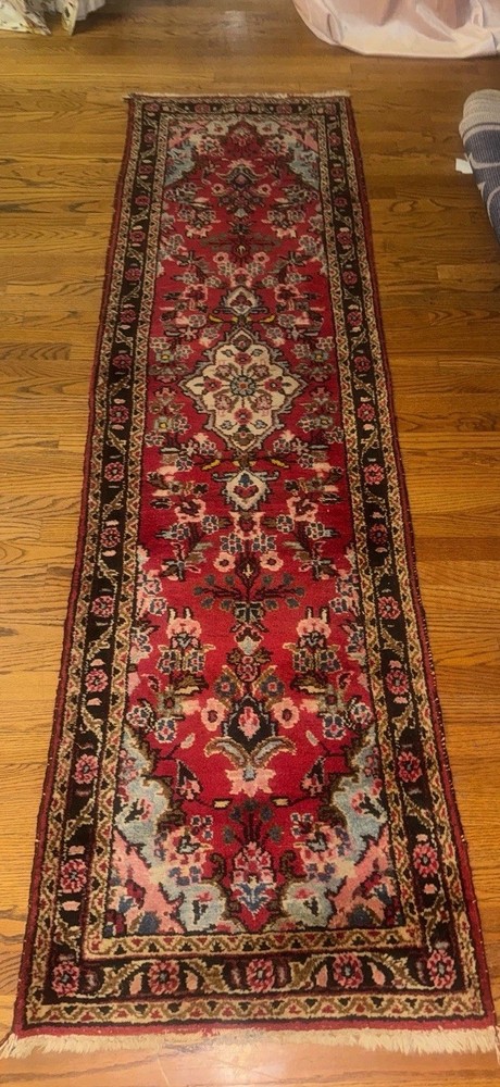 Vintage Handmade Hand-Knotted Wool Runner Rug Red Floral 2’3½” × 8’4”
