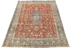 Tabrizi Rug 9’7” x 10’10” Red Wool Vintage Distressed Hand-Knotted Carpet