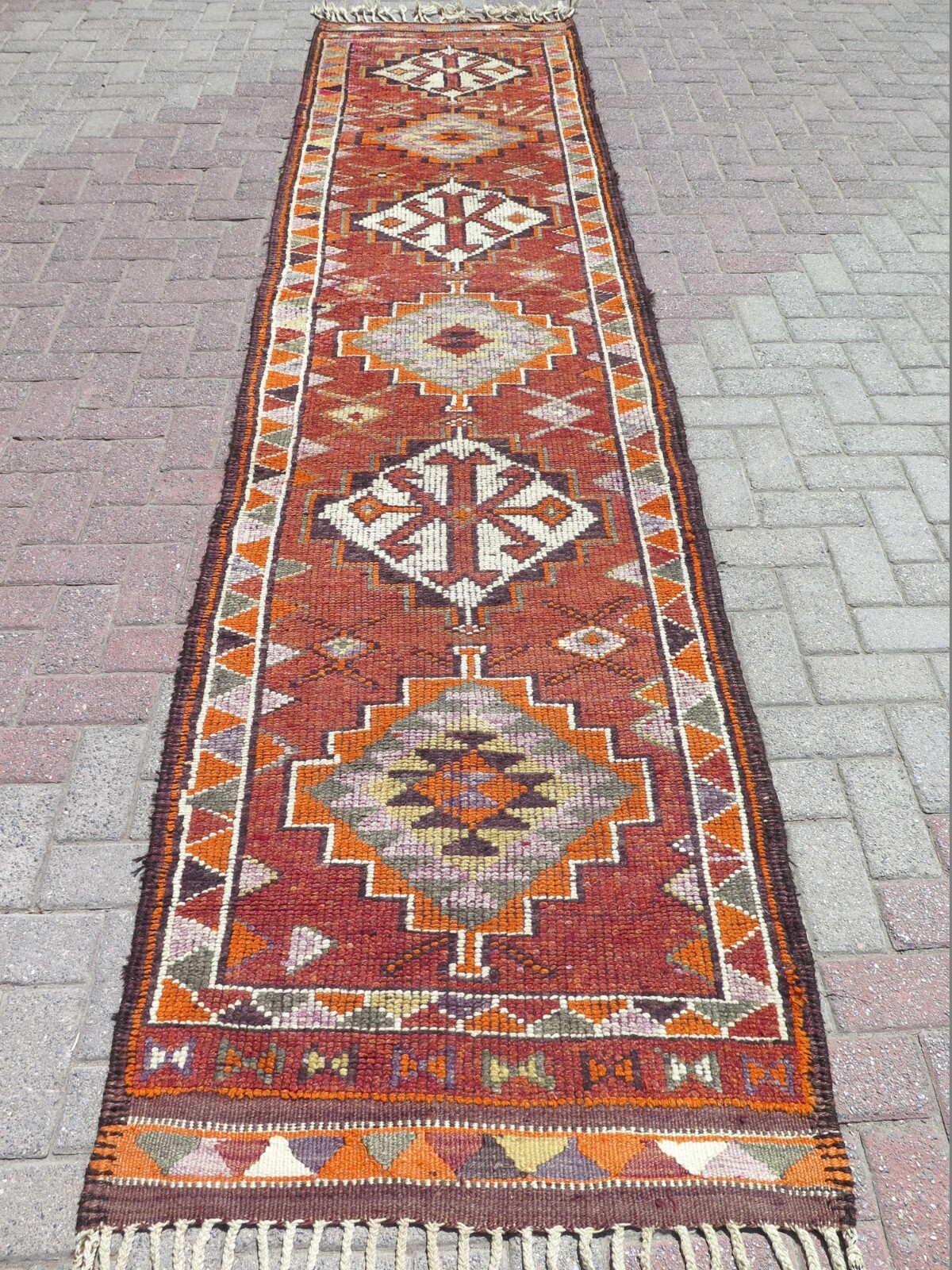Authentic Vintage Turkish Herki Runner Rug Handmade Wool Geometric Carpet3x12 ft gallery