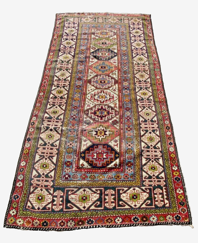 EARLY CIRCA 1880 ANTIQUE CAUCASIAN TRIBAL RUG W/ NATURAL DYES & WIDE BORDER gallery