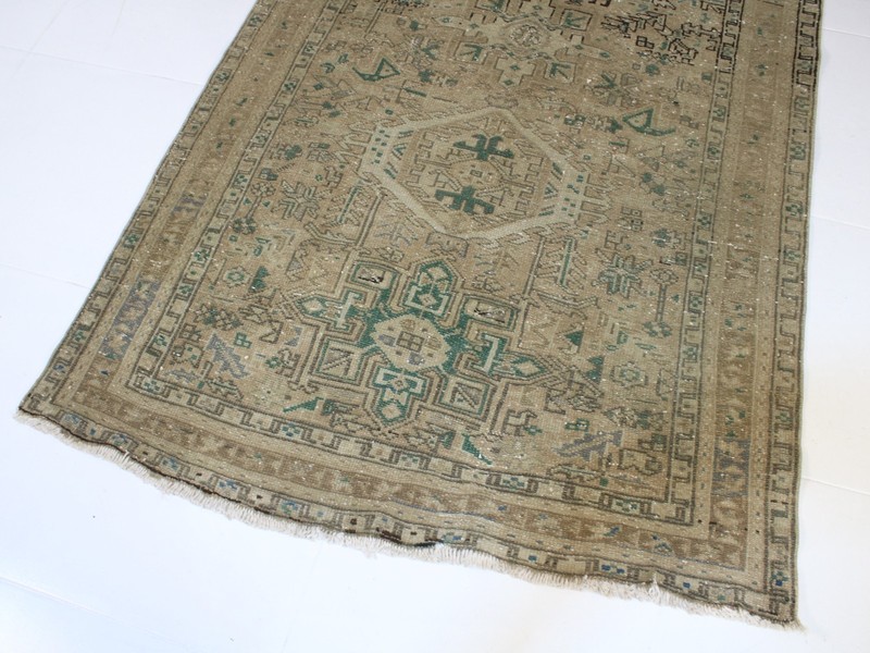 Vintage Hand Knotted Wide Runner Rug Beige Distressed Oushak Style 3.5x10.3 ft gallery