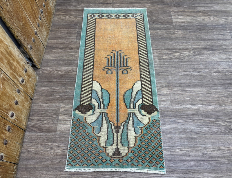2x5 Copper & Turquoise Vintage Turkish Hallway Runner, Hand-Knotted Wool Rug gallery