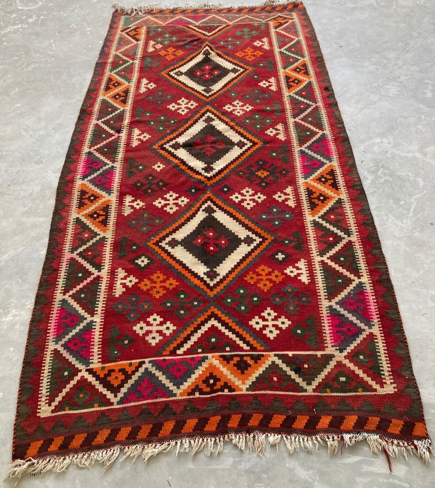 Vintage Traditional Handmade Chevron Qashqai Wool Kilim Floor Rug 284x140 cm