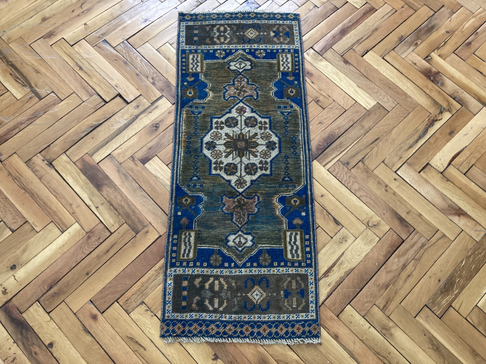 Entryway Wool Rug 1.4 x 3.6 ft Vintage Turkish Blue Brown Handwoven Carpet gallery