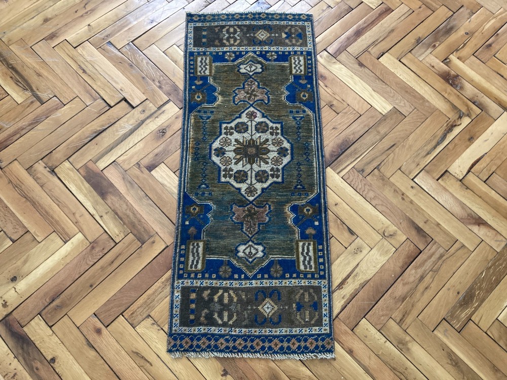 Entryway Wool Rug 1.4 x 3.6 ft Vintage Turkish Blue Brown Handwoven Carpet