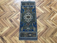 Entryway Wool Rug 1.4 x 3.6 ft Vintage Turkish Blue Brown Handwoven Carpet