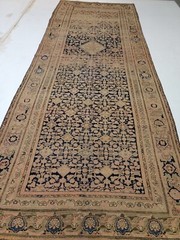 Antique Oriental Hand-Knotted Wool Runner Beige/Navy Blue 5’7″ x 14’5″