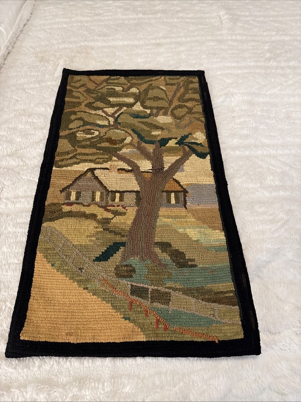 Vintage Hand Hooked Wool Tapestry Farmhouse Landscaped Tree Cottage, gallery