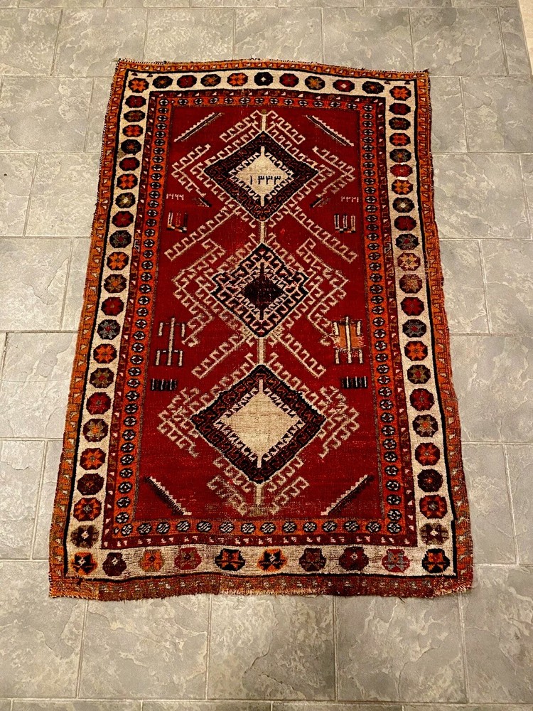 Dated 4x6 Antique Tribal Rug Vibrant Glossy Reds Tangerine Ivory 100% Wool