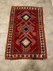 Dated 4×6 Antique Tribal Rug Vibrant Glossy Reds Tangerine Ivory 100% Wool