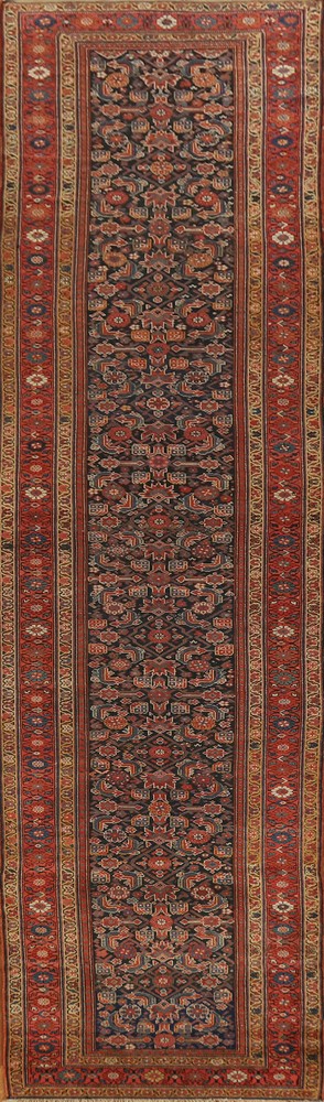 Pre-1900 Navy Blue Wool Hand-knotted Malayer 17 ft Runner Antique Rug 4x17