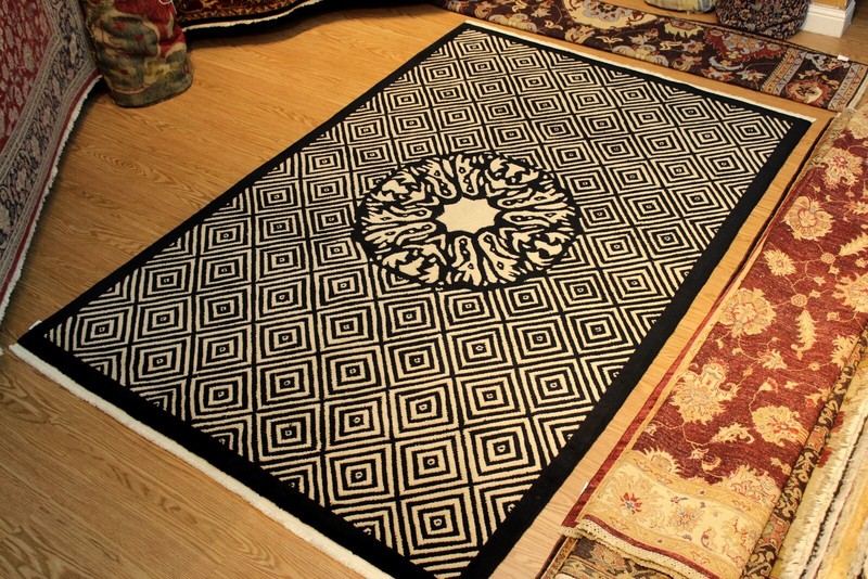 TIBETAN RUG Black & White 6' x 9' handmade Thick Wool Area Rug gallery