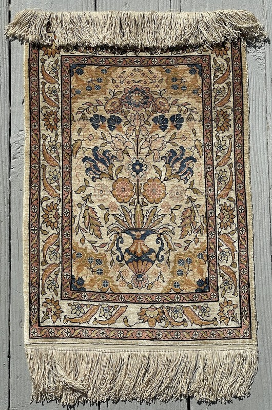 15" X 22" ANTIQUE - Vintage SILK TURKISH HEREKE CARPET Prayer Rug Tree Of Life gallery