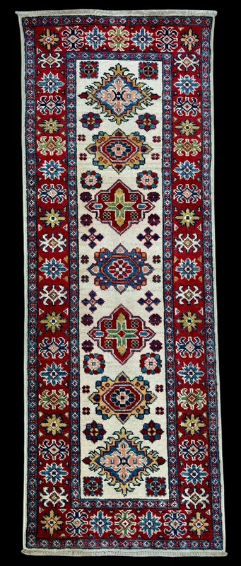 Brand New Colorful Tiny Runner Handmade Ivory Blue Red Geometric Wool Kazak 2x6 gallery