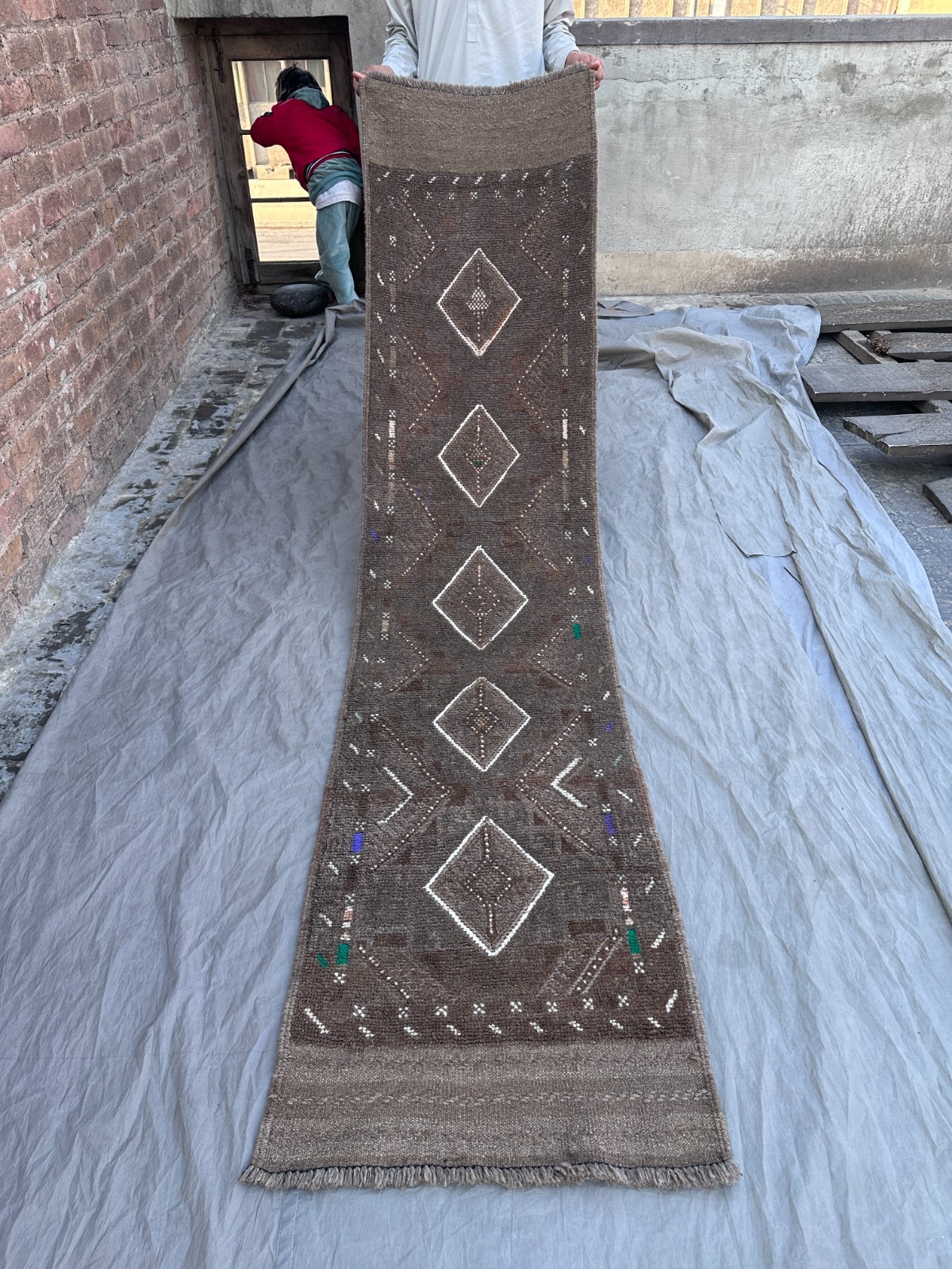 Vintage Afghan Geometric Runner Rug Handmade Wool Faded Tribal Rare Hallway Rug gallery