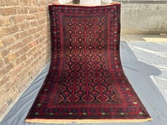 4 x 6’6 ft Vintage Afghan Tribal Rug – Hand Knotted Wool Red Black Geometric Rug