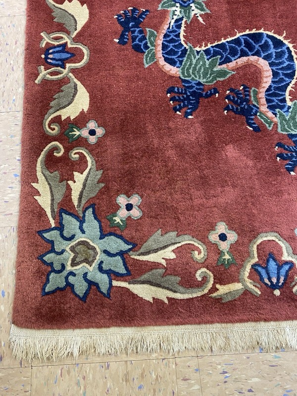 c1950's ANTIQUE MINT ART DECO DRAGON DESIGN CHINESE NICHOLS RUG 3’9” X 10’6” gallery