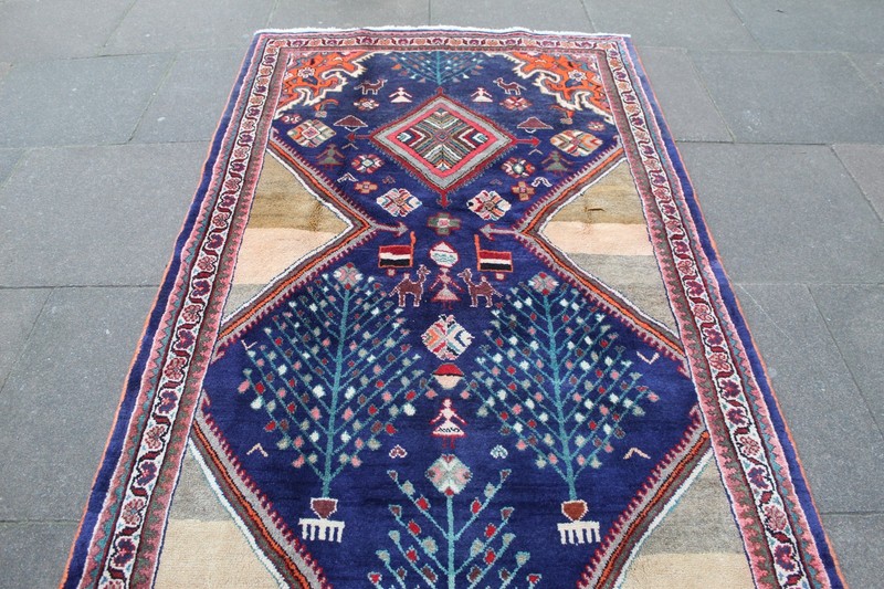 Vintage Hand Made Traditional Oriental Wool Blue Orange Large Long Rug 330x132cm gallery