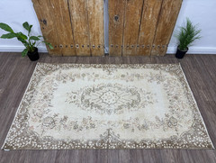 4×7 Vintage Neutral Turkish Area Rug, Beige Brown Oushak, Hand-Knotted Wool Rug