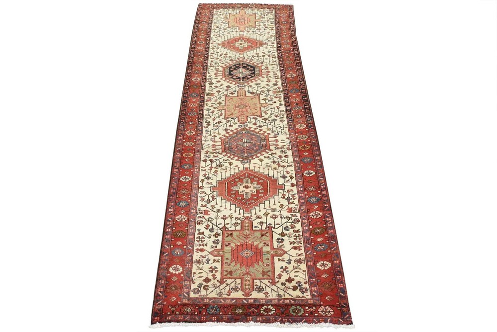 Vintage Tribal Runner 3’6” x 10’6” Ivory Wool Hand-Knotted Oriental Rug