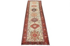 Vintage Tribal Runner 3’6” x 10’6” Ivory Wool Hand-Knotted Oriental Rug