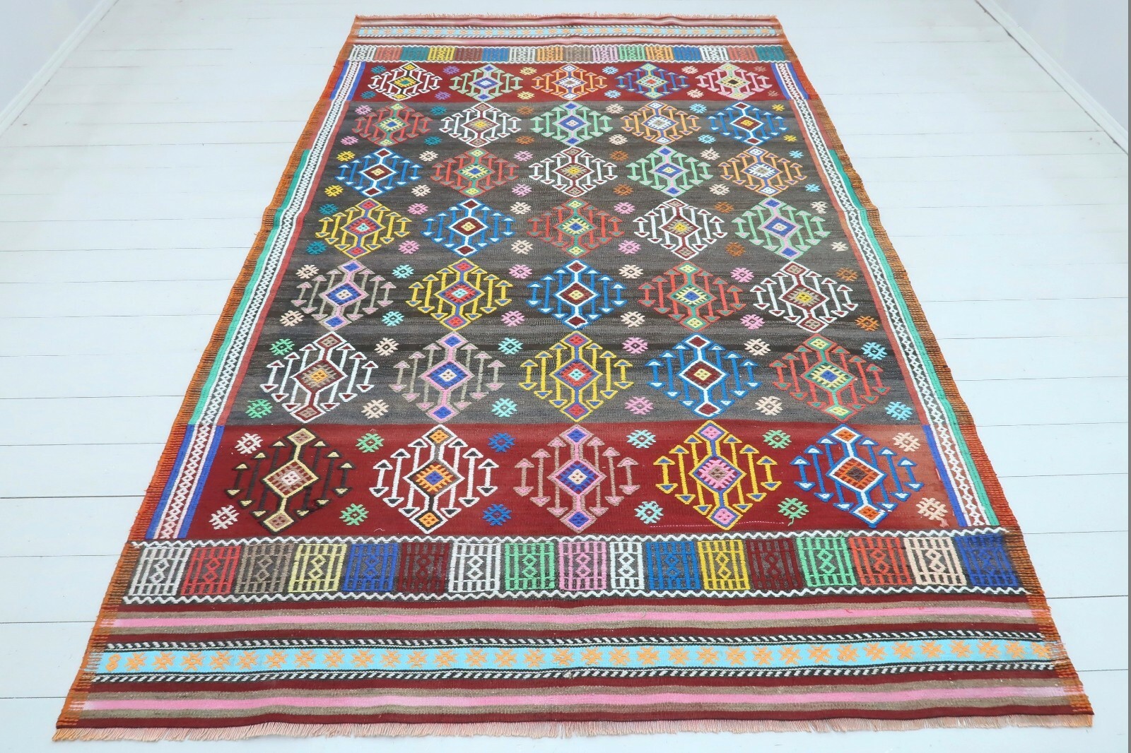 Large Multicolor Geometric Vintage Kilim Rug, Striped Handwoven Carpet 68"x105" gallery