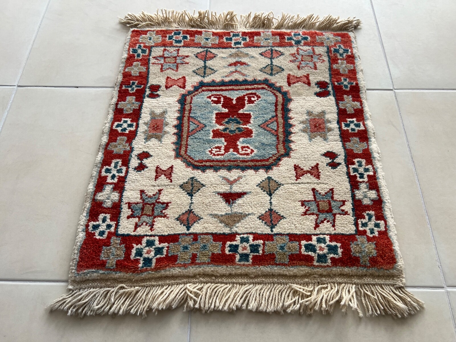 2x2 ft Vintage Turkish Rug – Hand Knotted Red Wool Muted Small Doormat gallery