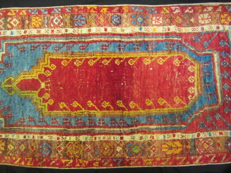 Turkish Anatolia Prayer Rug Wool Antique Rare Beautiful Reds & Blues 25" x 52" gallery