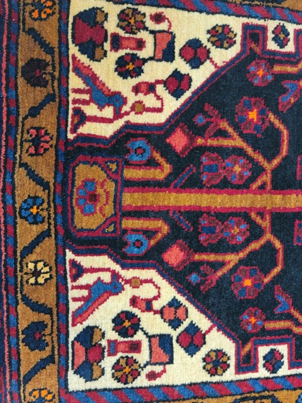 Antique Oriental Hand-Knotted Wool Runner Navy Blue/Red/Ivory/Blue 3'6" x 17'3" gallery