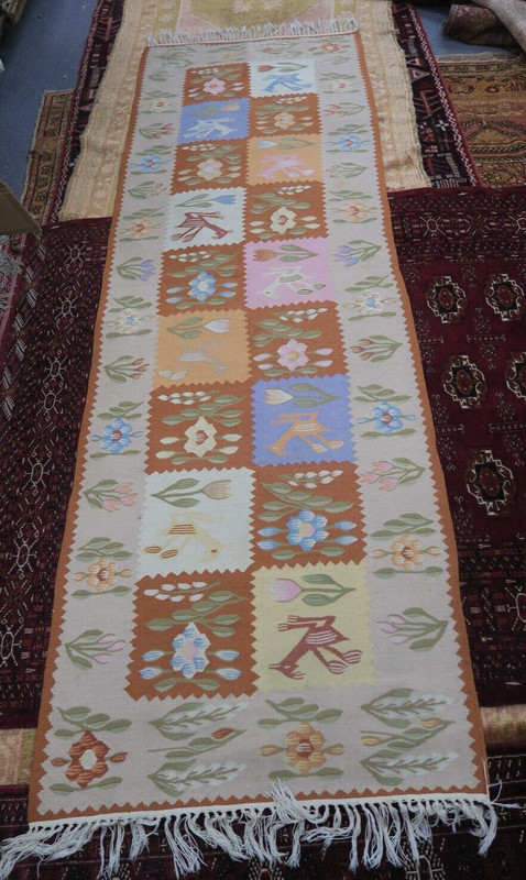 Vintage 1970s Romanian Handmade Woven Deer Garden Panel Wool Runner Rug 2'8x8'2 gallery
