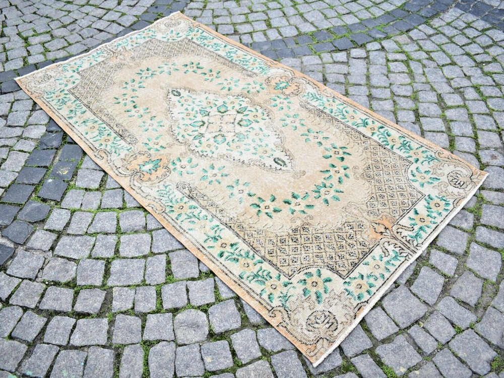 Vintage Turkish Rug 44'' x 81'' Muted Dye Rug Hand-Knotted Low Pile Oushak Rug