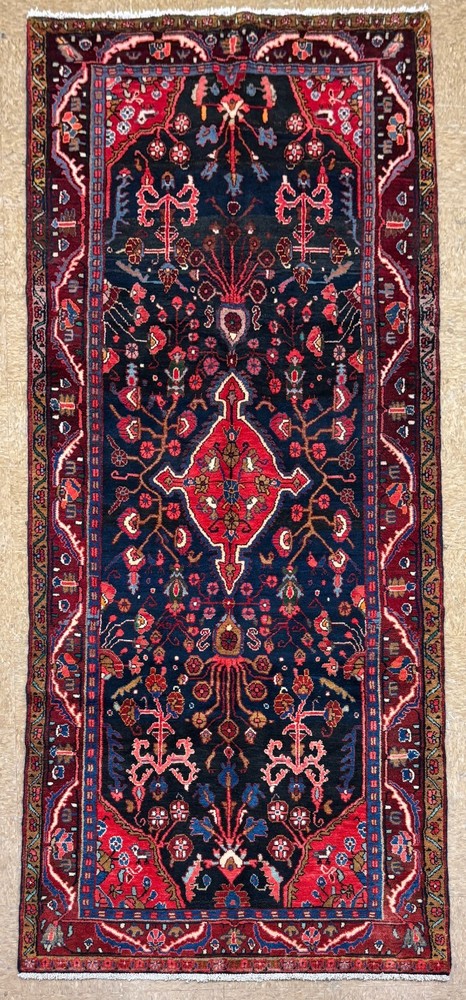 Vintage Hand Knotted Hamedan Runner Rug 4x11 Navy Tribal Geometric Wool Oriental