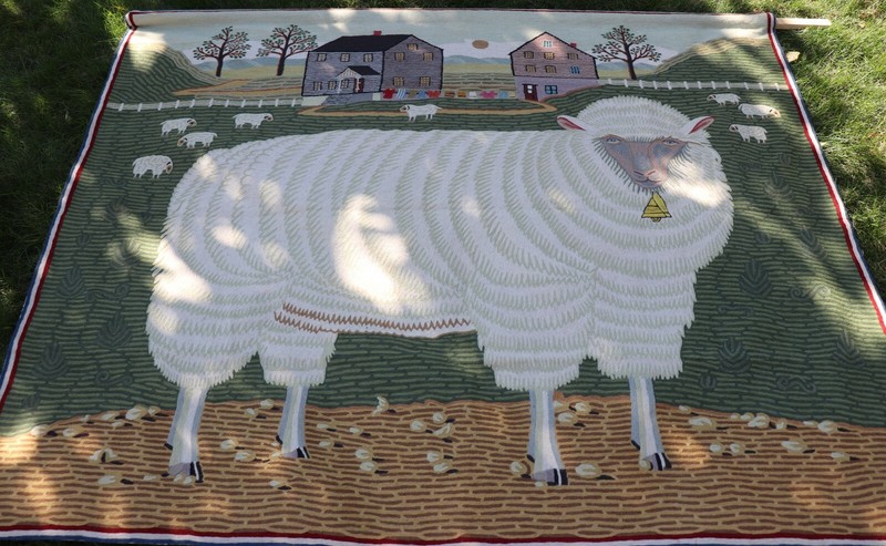 Vintage Hand embroidered Wool Rug Primitive Sheep 80.5"x 66" Ari Chain stitch gallery