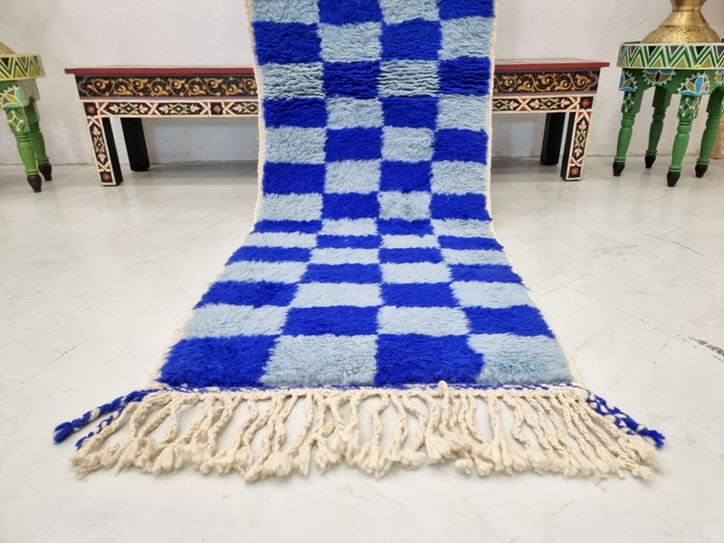 Moroccan Handmade Beni Ourain Runner 2'1x7'2 Berber Checkered Blue Wool Carpet gallery