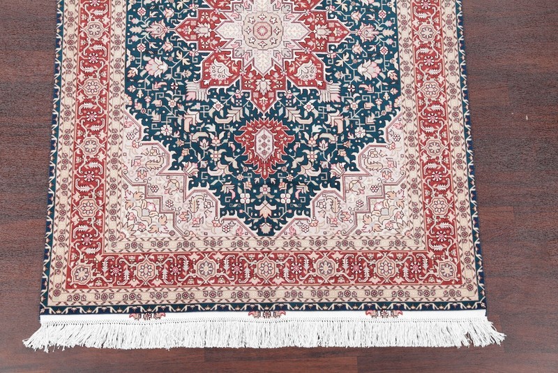 Geometric Dark Teal Green Tebriz Rug 5x7 Wool with Silk Highlight Handmade Rug gallery