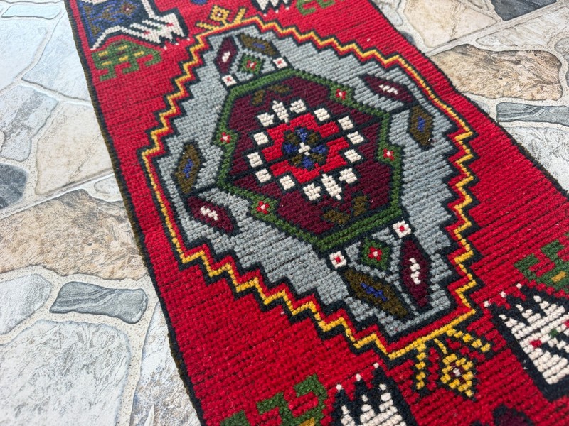 Vintage Small Anatolian Accent Rug Handknotted Red Tribal Wool Yastik Mat 1x3 ft gallery