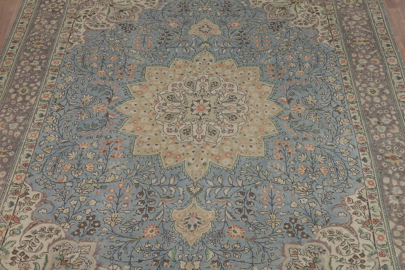 Hand-knotted Vintage Carpet Over-Dyed Light Blue Floral Tebriz Area Rug 10x12 gallery