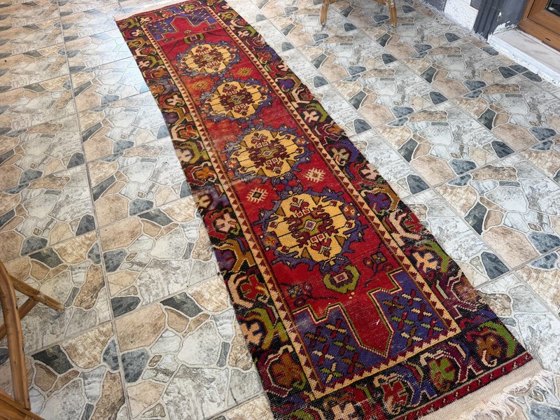 Vintage Red Turkish Runner Rug 3x10 Handknotted Tribal Anatolian Corridor Wool gallery