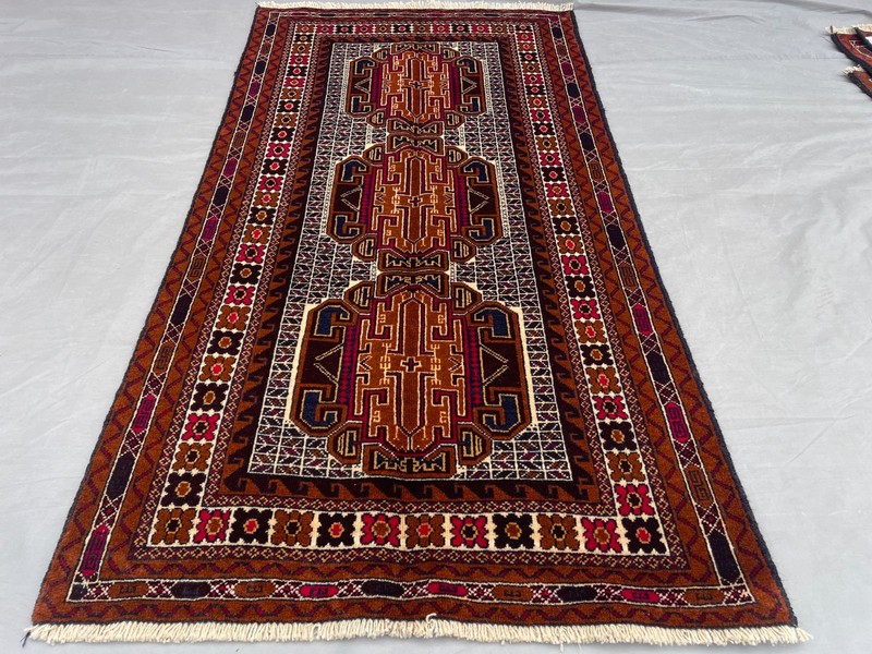 2'9x5'1 ft Vintage Afghan Baluchi HandKnotted Wool Brown Navy Medallion Area Rug gallery