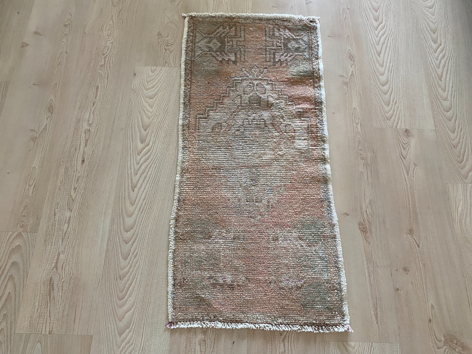 Muted Vintage Small Rug 1.5x3.2 ft Soft Earth Tones with Faded Medallion Boho gallery