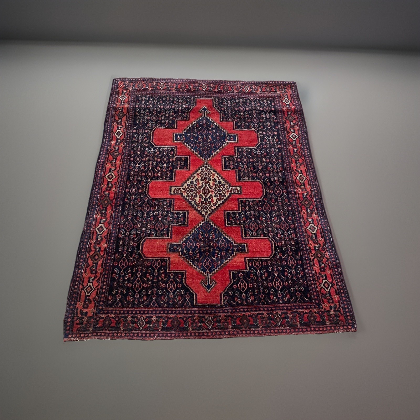 Antique Kurdish Senneh Rug 4x5 | Wool | Navy & Red Geometric | Circa 1920s–1940s gallery