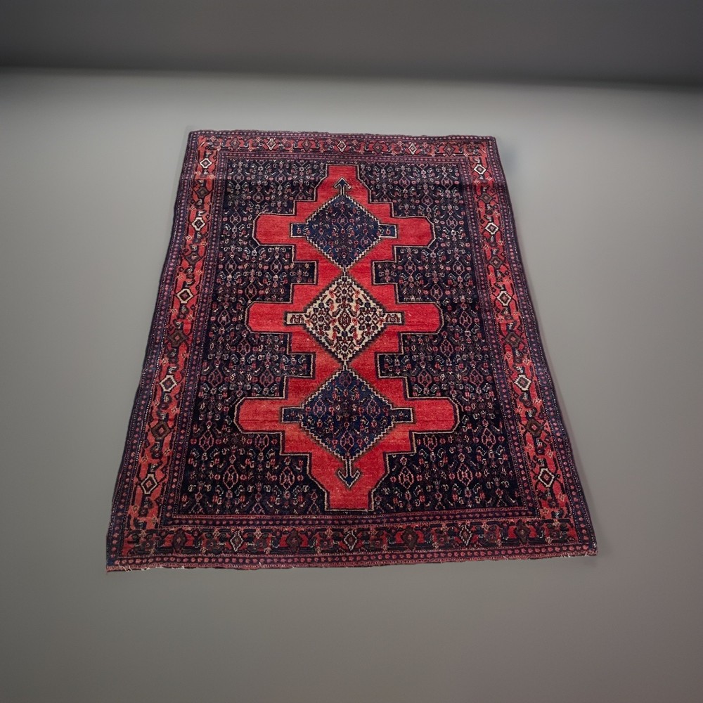 Antique Kurdish Senneh Rug 4x5 | Wool | Navy & Red Geometric | Circa 1920s–1940s