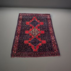 Antique Kurdish Senneh Rug 4×5 | Wool | Navy & Red Geometric | Circa 1920s–1940s