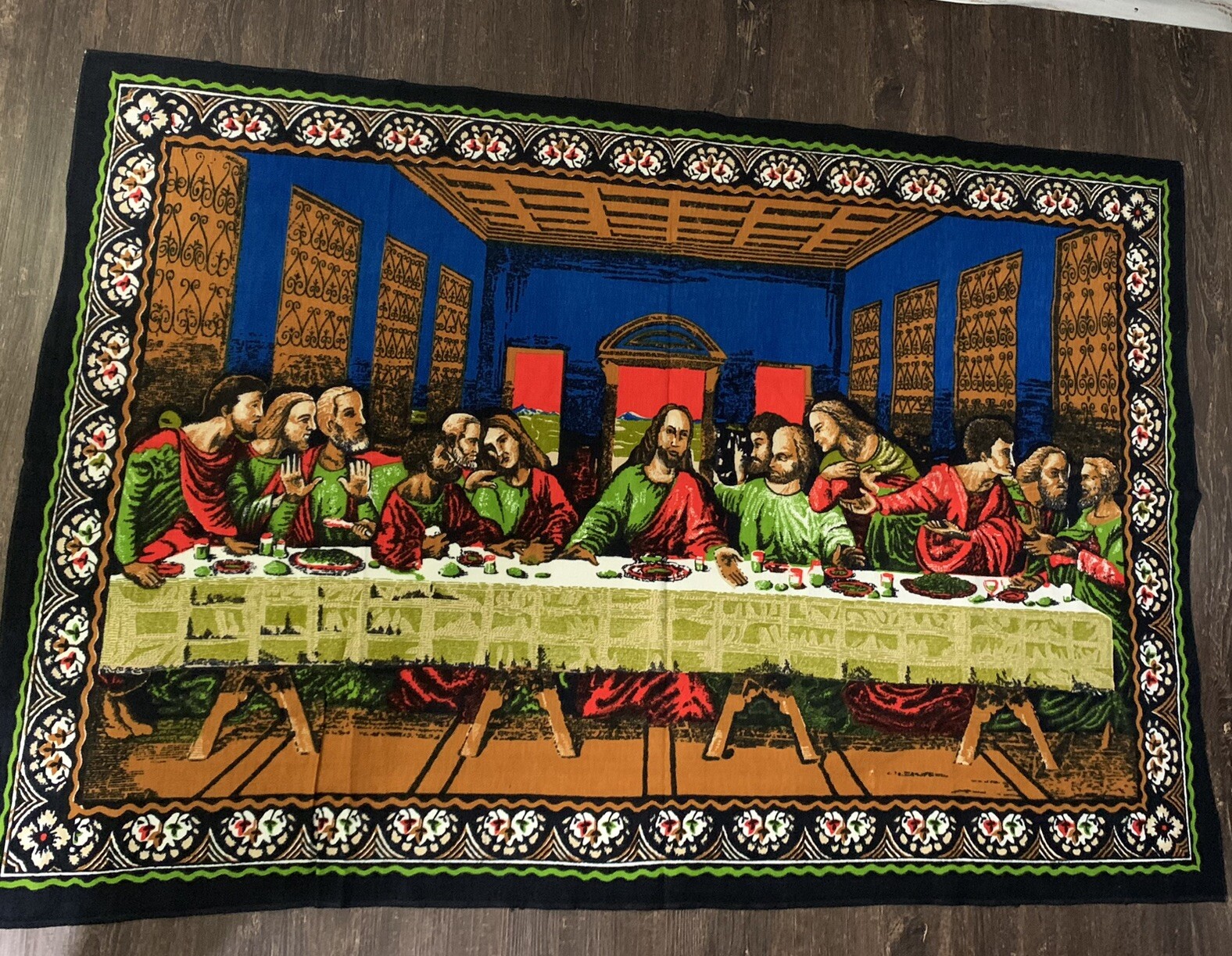 1950's Large Vintage Jesus Last Supper Tapestry Rug Wall Hanging 76" X 49" NICE gallery