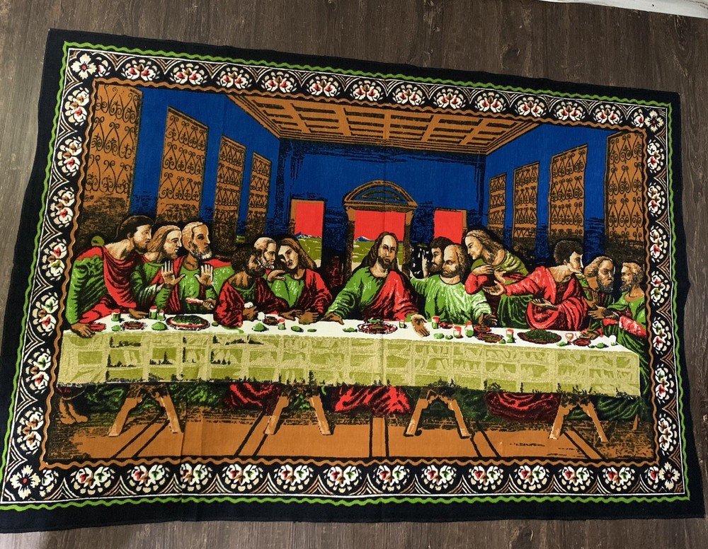 1950's Large Vintage Jesus Last Supper Tapestry Rug Wall Hanging 76" X 49" NICE