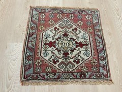 Handwoven Turkish Hexagon Medallion Rug Wool Square Red Carpet 1.7×1.8 ft
