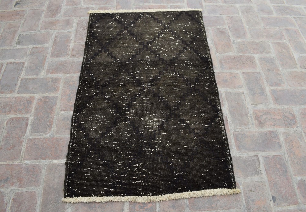 Vintage Moroccan Berber Rug Dark Grey Solid Wool Handmade Small Accent Area Rug