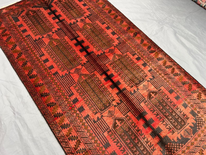 3'6x6'3 ft Vintage Afghan Baluchi Hand-Knotted Rug, Red & Black Geometric Rug gallery