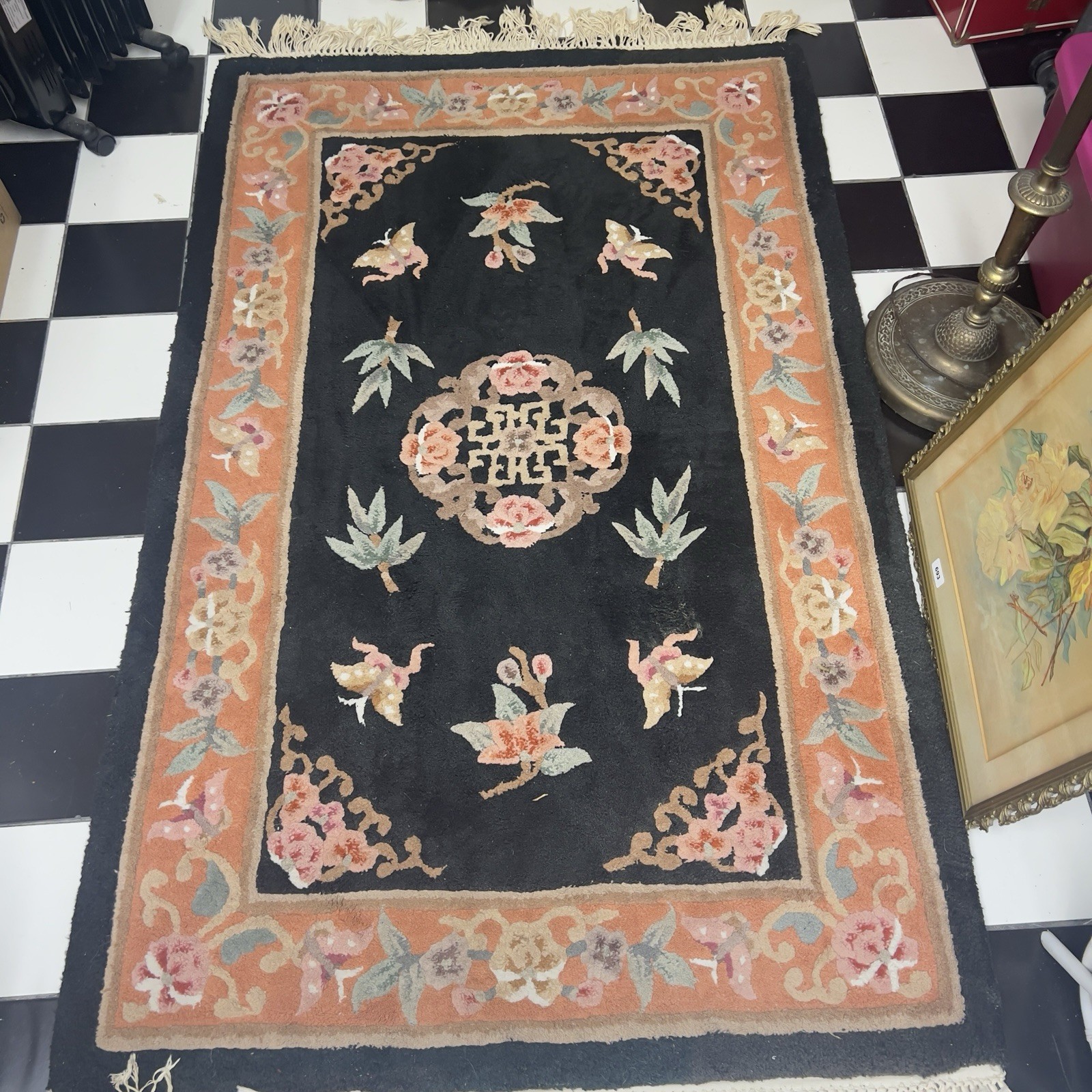 Vintage Art Deco Reproduction Chinese Wool Rug Floral Butterflies Black gallery