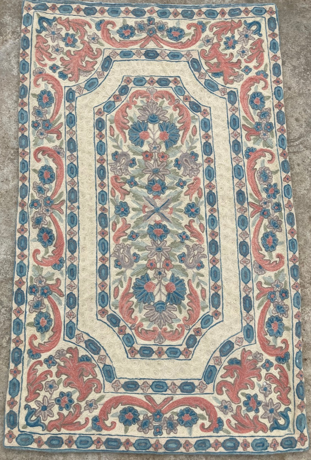 Vintage Handmade Kashmiri Crewel Floral Wool Chain Stitch Rug 116x70 cm gallery